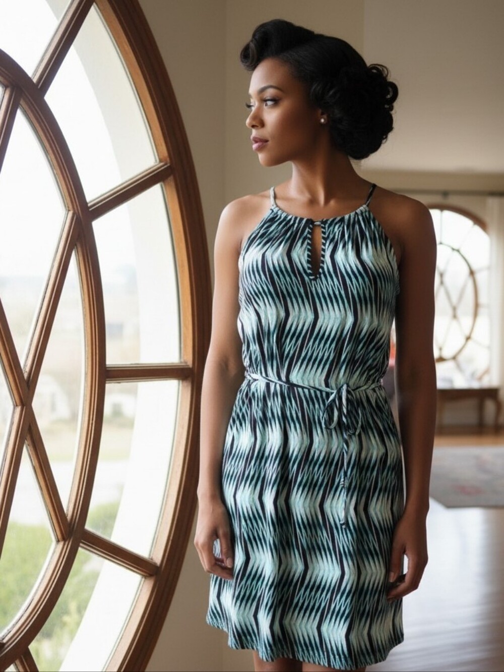 Banana Republic Turquoise Zigzag Tie‑Waist Halter Keyhole Summer Dress Size XS